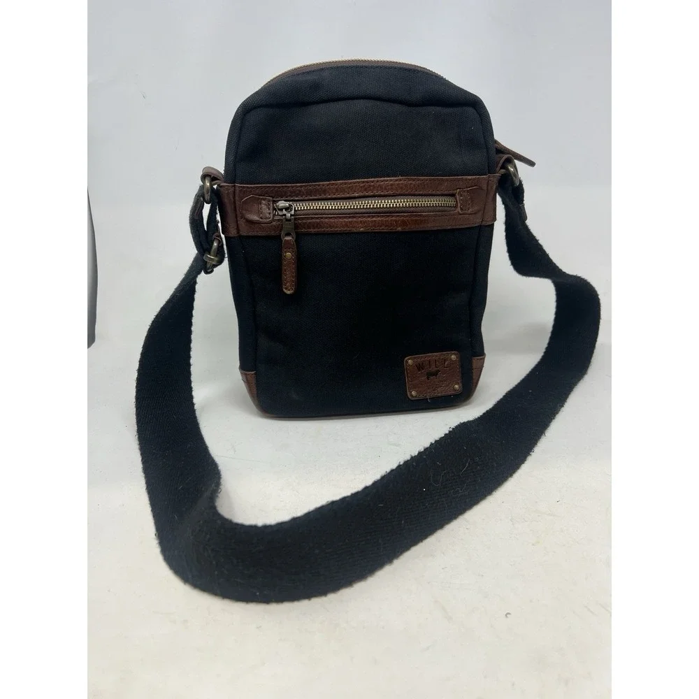 WILL LEATHER GOODS Black Canvas And Leather Small Messenger Crossbody Bag
